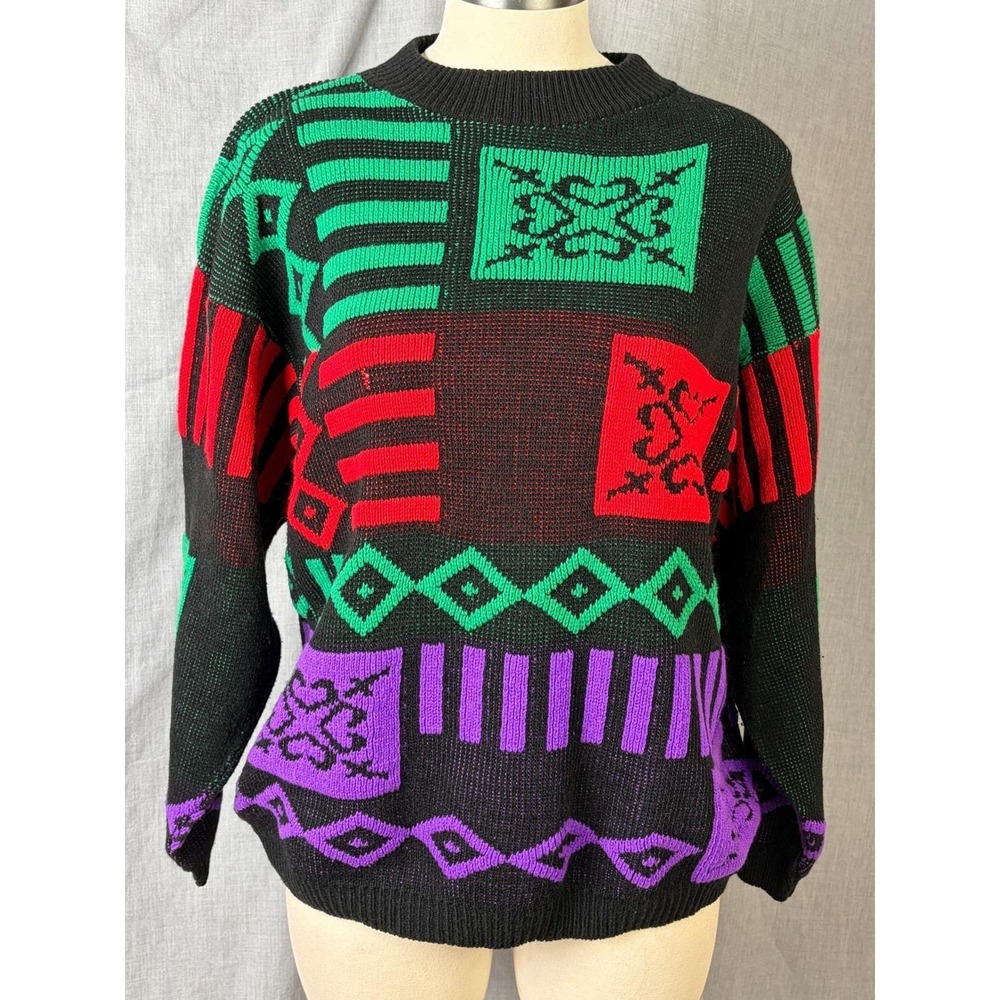 Vintage 80s Graphic Knit Sweater Mock‎ Neck Colorblock Geometric Acrylic